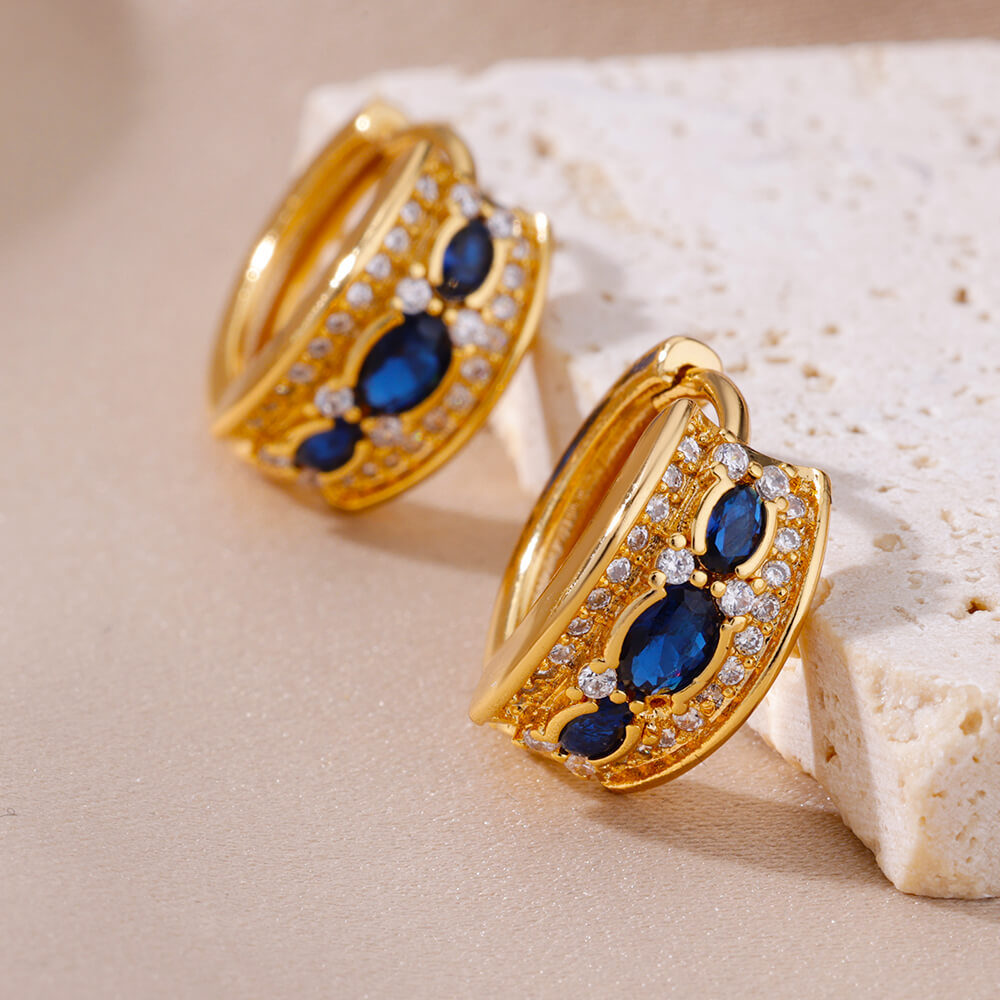 Brincos Ovais de Zircônia Azul (Banhado a Ouro 18K)