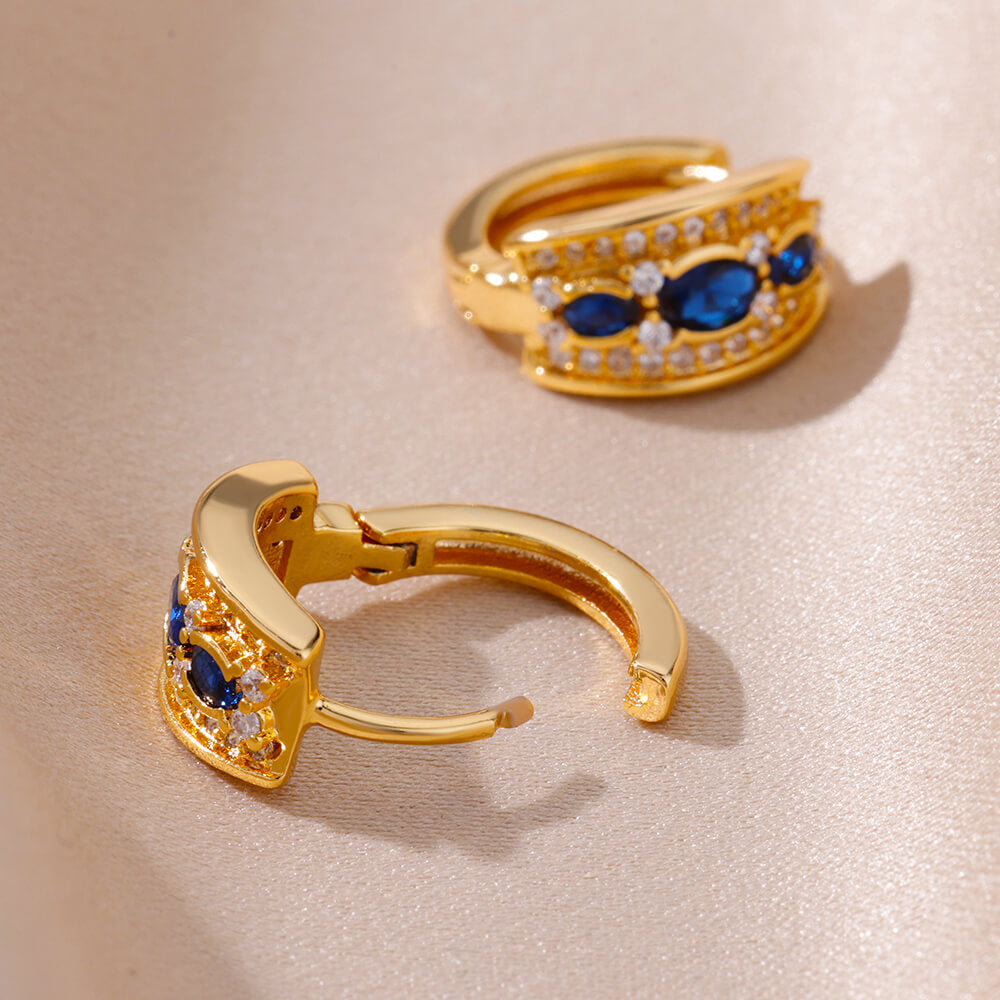 Brincos Ovais de Zircônia Azul (Banhado a Ouro 18K)