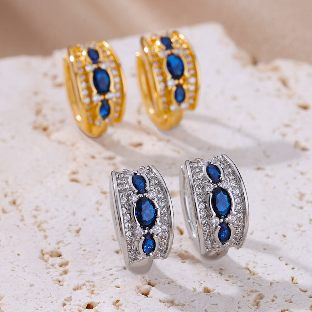 Brincos Ovais de Zircônia Azul (Banhado a Ouro 18K)