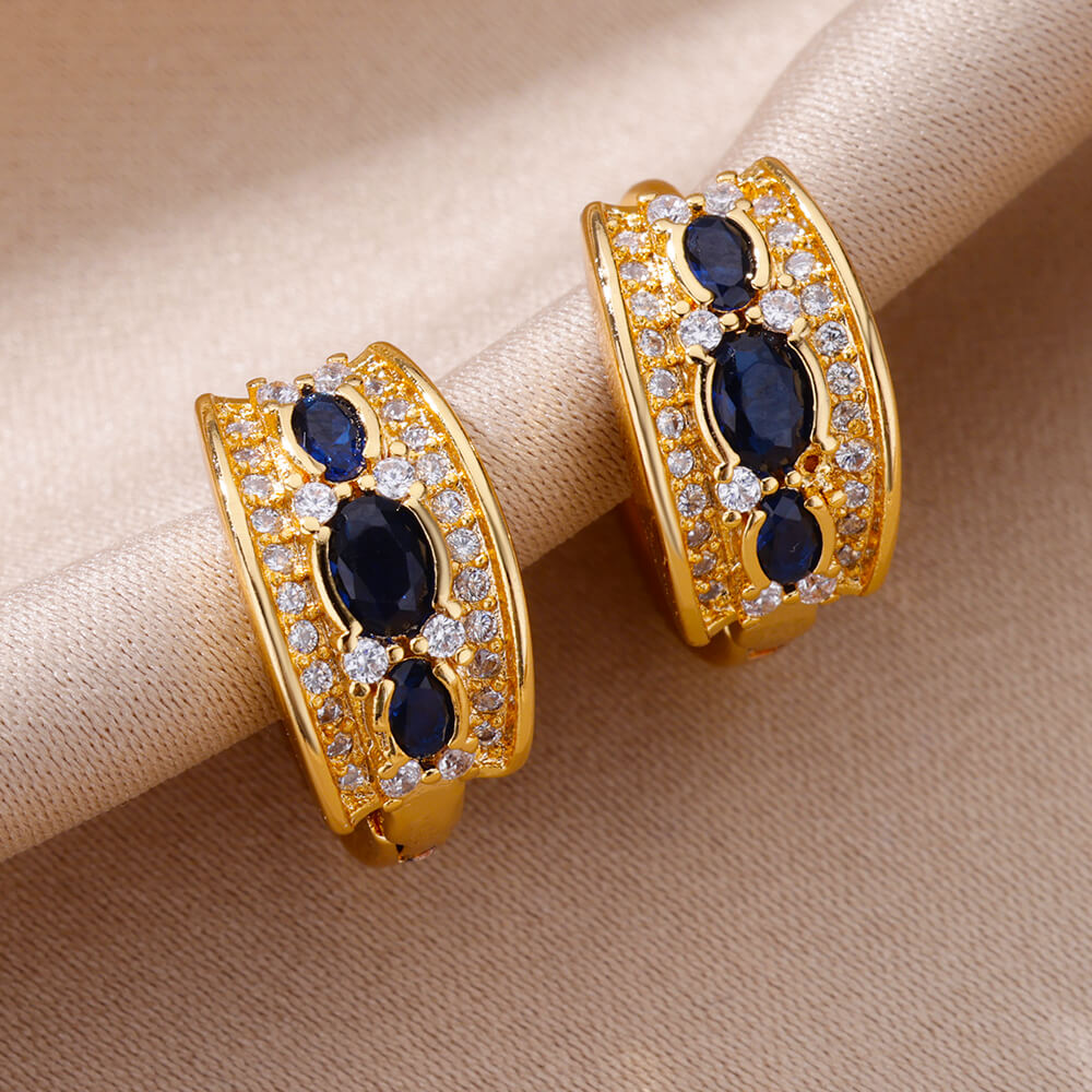Brincos Ovais de Zircônia Azul (Banhado a Ouro 18K)