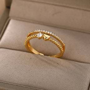 Anel Coração Duplo com Zircônia (Banhado a Ouro 18K)