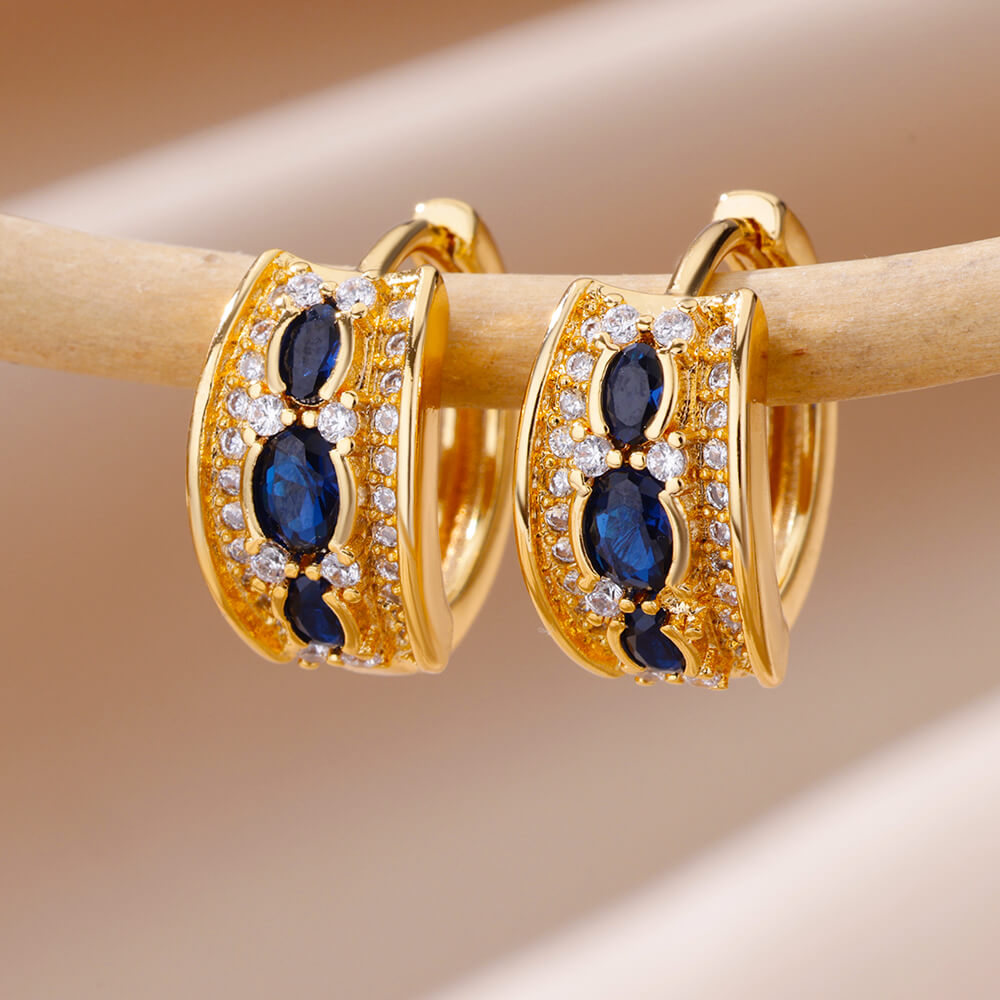Brincos Ovais de Zircônia Azul (Banhado a Ouro 18K)