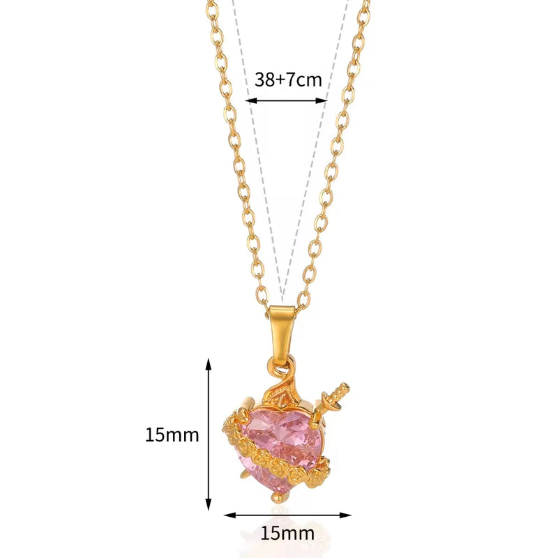 Colar Coração de Zircônia Rosa (Banhado a Ouro 18K)