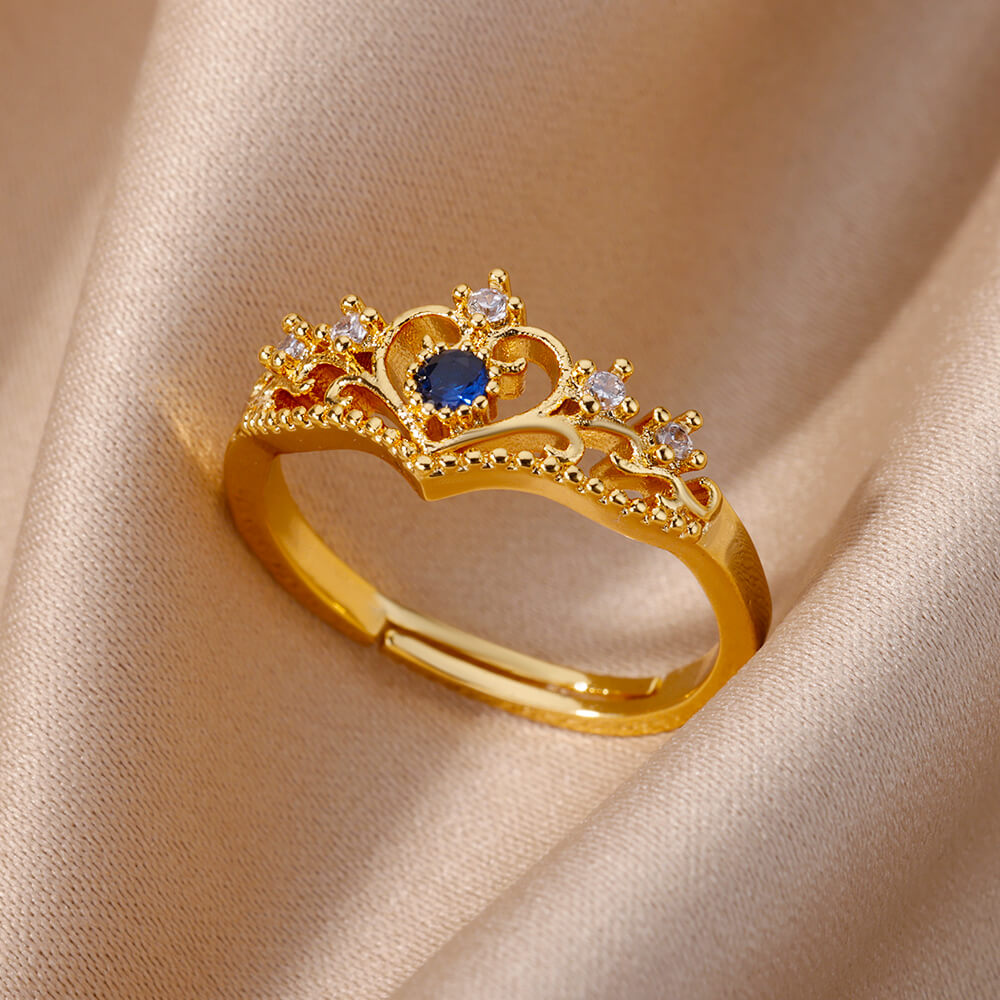 Anel Coroa de Zircônia Azul (Banhado a Ouro 18K)